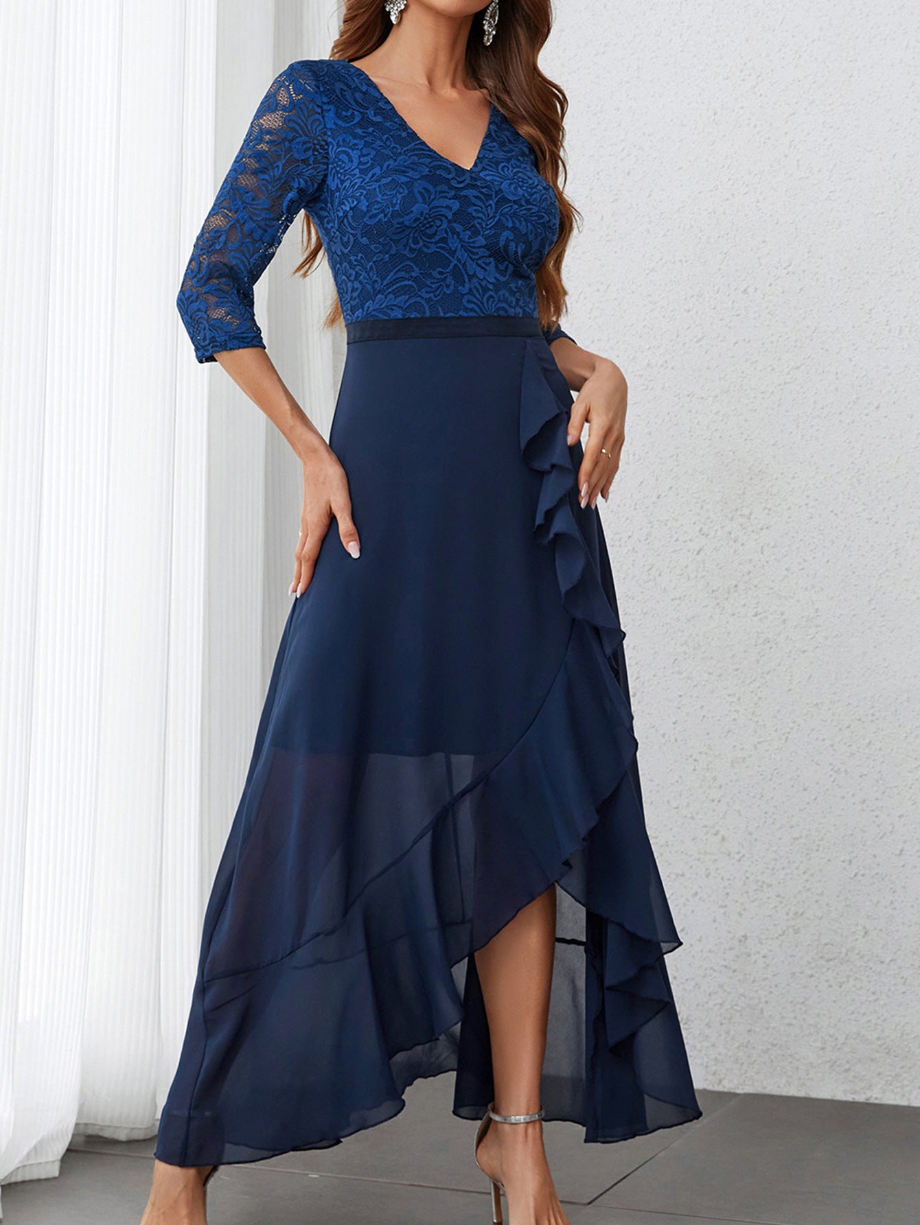 Wedding Party Lace Chiffon Zip 3/4 Sleeve Midi Formal Dress