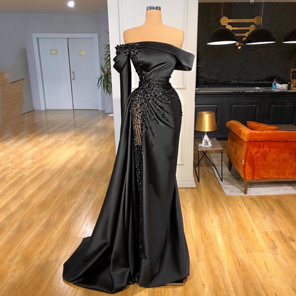 Black Off-The-Shoulder Ruched Waist Prom Dress