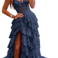 Applique Lace V-neck Tulle Sweep Train Prom Dress