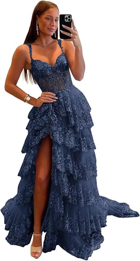 Applique Lace V-neck Tulle Sweep Train Prom Dress