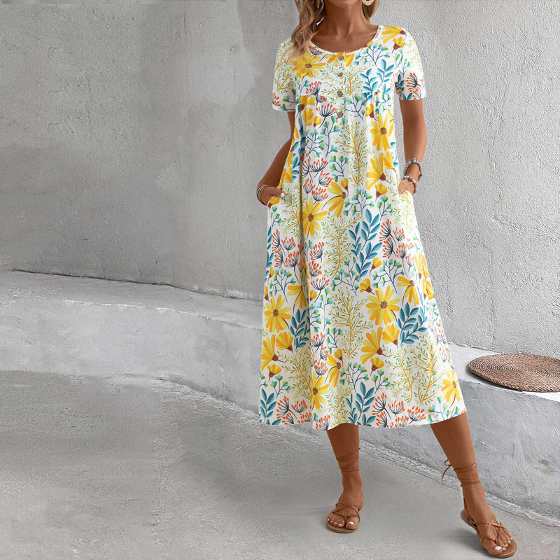 Yellow Floral Printed A Line Short Sleeves Dress