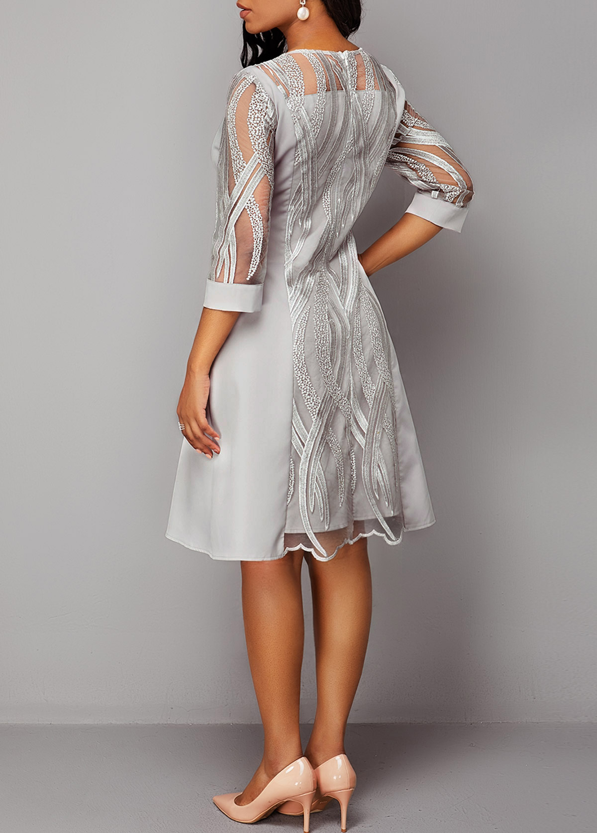 Gainsboro Long Sleeves Lace Panel Dress