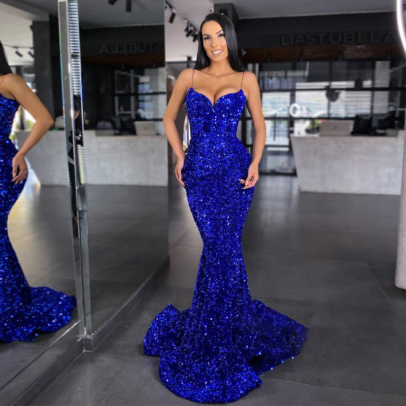 Sequin Spaghetti Strap Long Mermaid Evening Dress