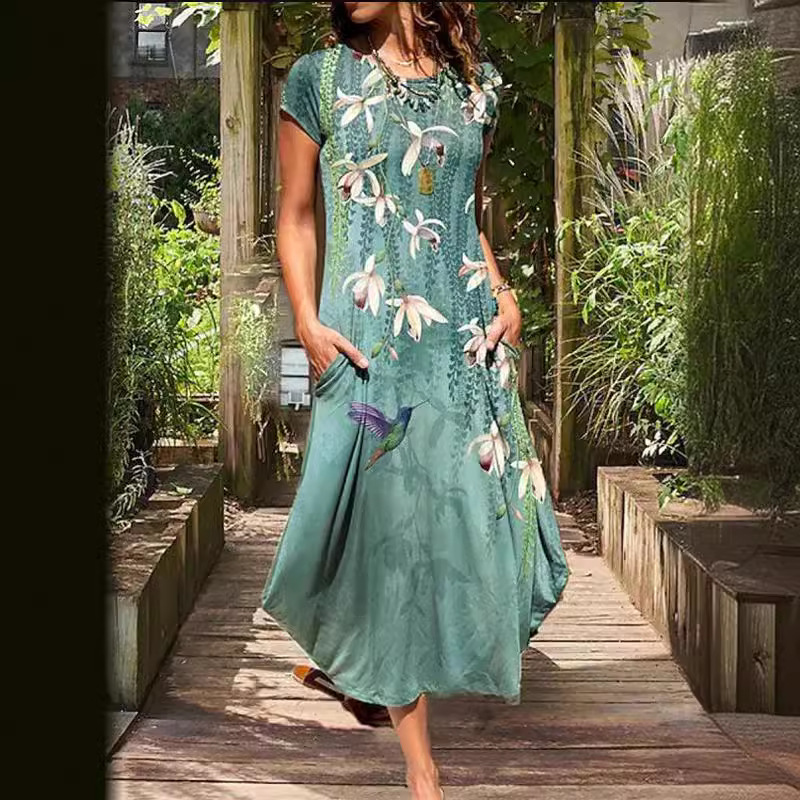 Medium Turquoise Floral Printed Short Sleeves Dress