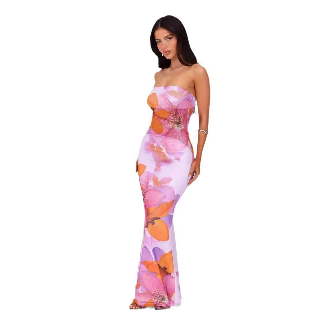 Pink Strapless Sleeveless Floral Print Maxi Dress