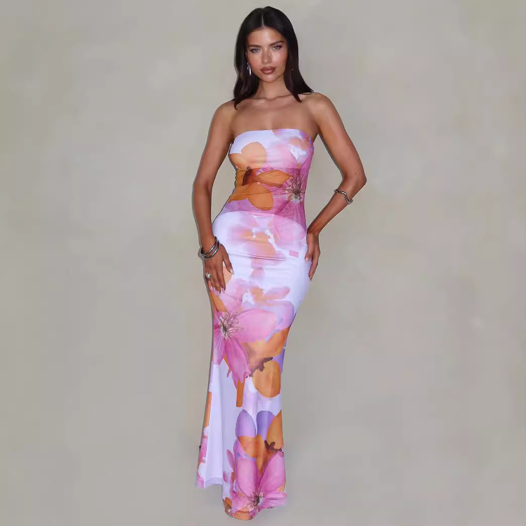 Pink Strapless Sleeveless Floral Print Maxi Dress