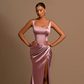 Square Neckline Ruched Wasit Prom Dress With High Slit