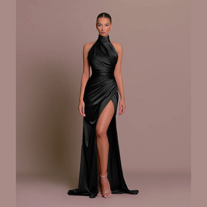 Black High Neck Pleats Sleeveless Side Slit Satin Formal Prom Evening Dress