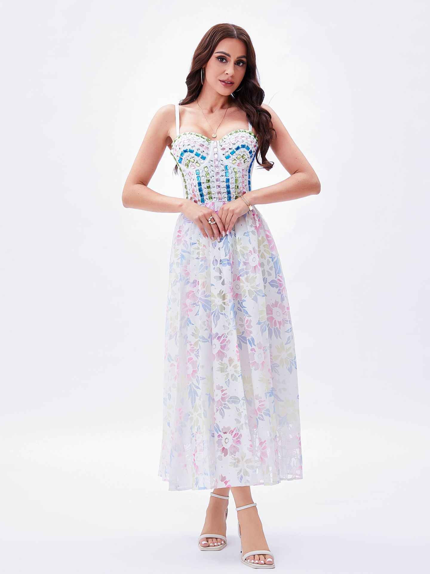 A-Line Spaghetti Strap Sleeveless Printed Maxi Dress