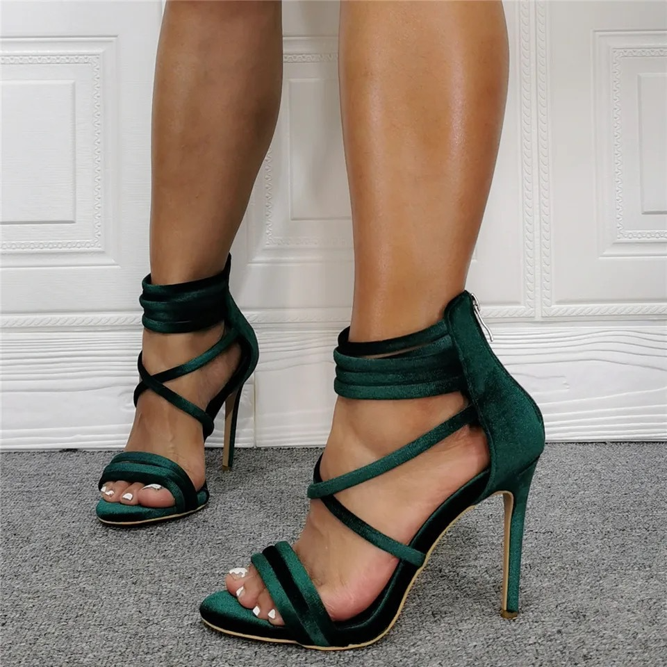 Green Suede Open Toe Ankle Strap Heel