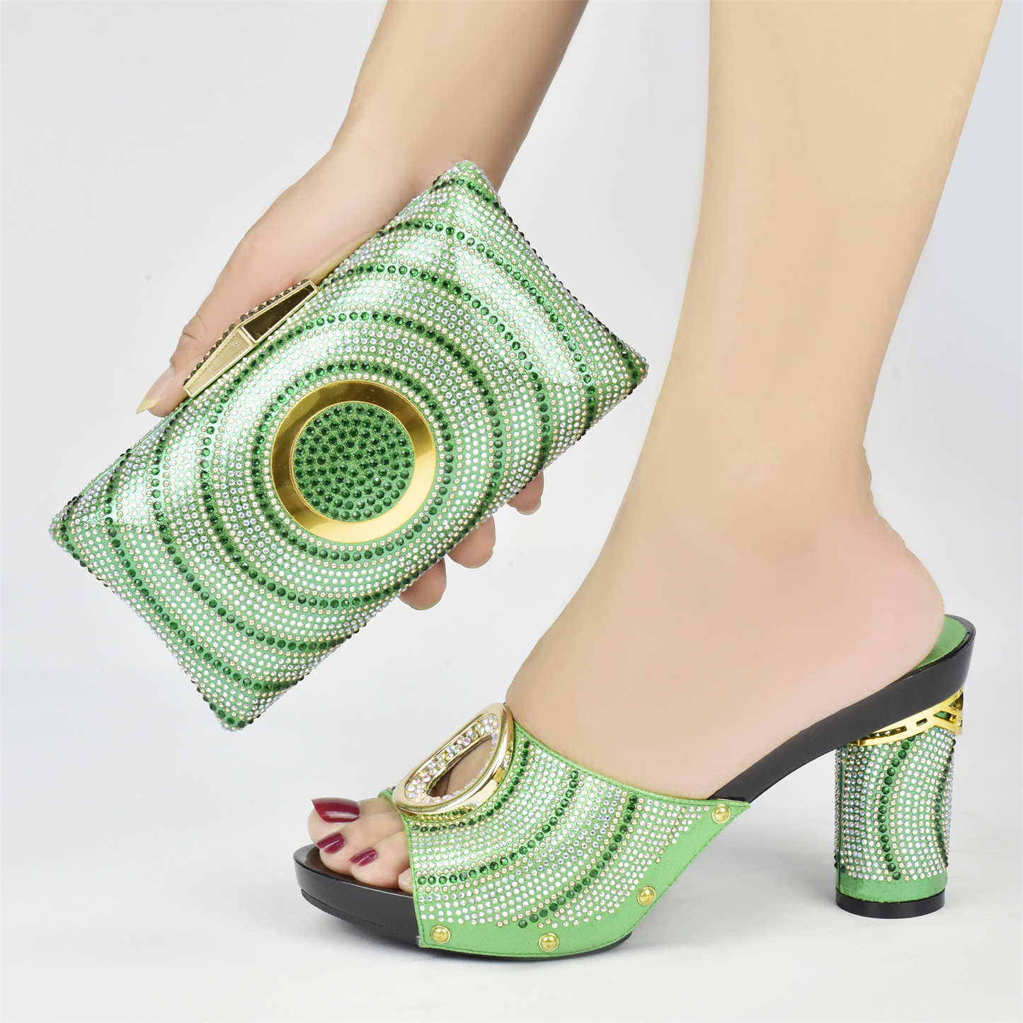 Crystal Sequined Chunky Heel Sandals With Matching Bag