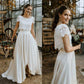 Ivory Lace Jewel Neck A-Line Sweep Short Sleeves Two-piece Wedding Dress