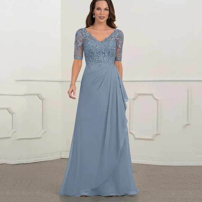 Lace V-Neck Short Sleeves Floor-length Mother of The Bride Dress