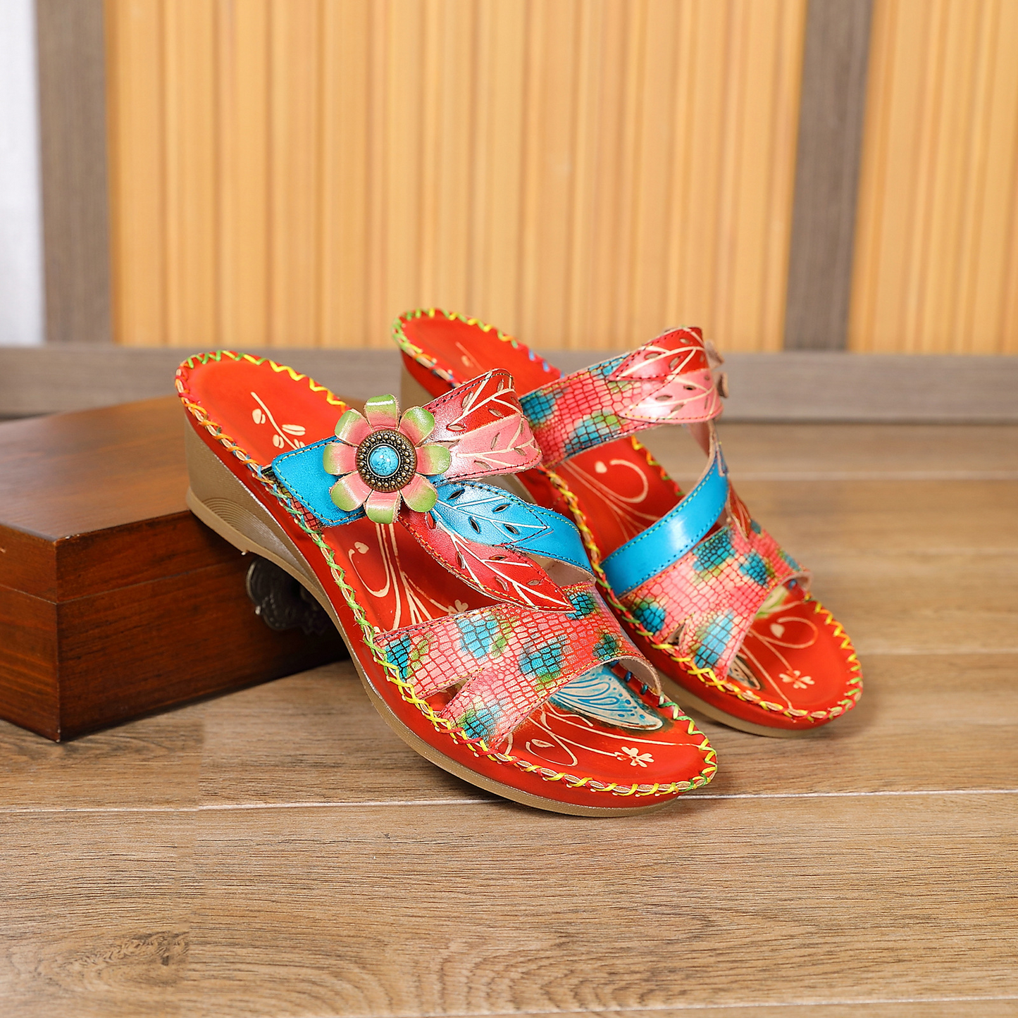 Orange Round Toe Floral Printed Platform Wedge Slippers