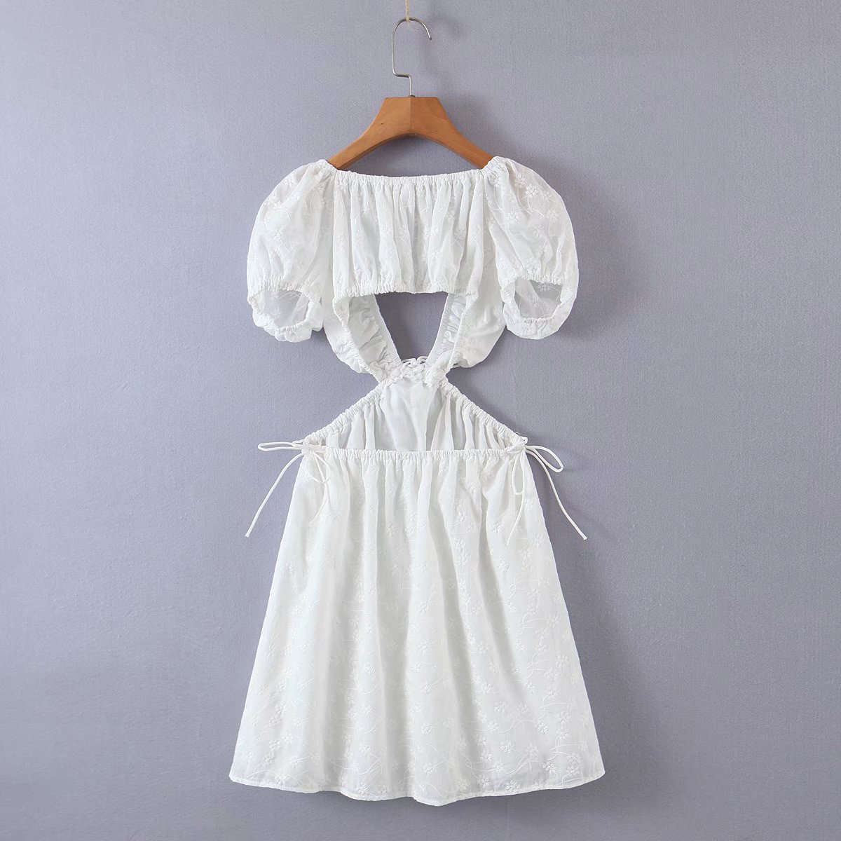 White Deep V Neck Puff Short Sleeves Cutout Waist Dress