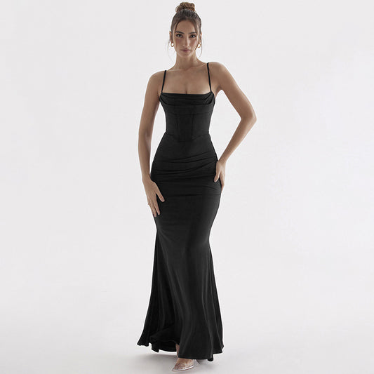 Cowl Neckline Thin Straps Ruched Curve Long Dress