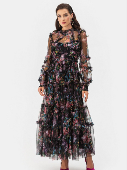 Mock Neck Floral Long Sleeves Maxi Dress