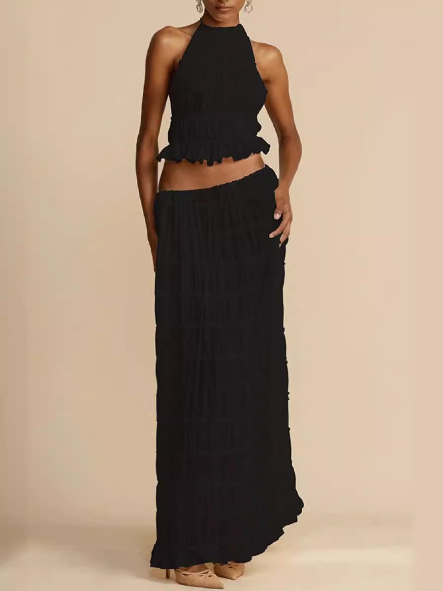 Pleated Drawstring Waist Tiered Maxi Skirt Set