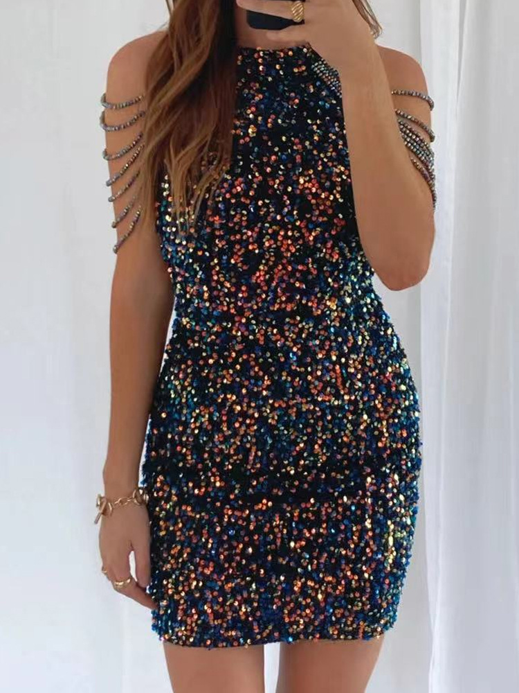 Column Sleeveless Short Sequined Prom Dress