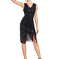 Black V Neck Sleeveless Sequin Fringe Dress