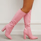 Women Wide Stone Grain Chunky Heel Bright Leather Thigh High Boots