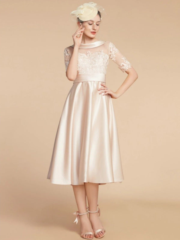 Mother of the groom/bride Boat Neck Satin Lace Elegant Dress