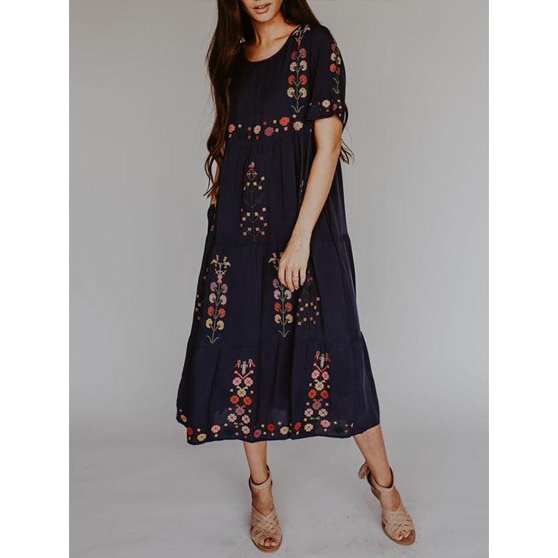 Round Neck Short Sleeves Floral Embroidered Elegant Midi Dress