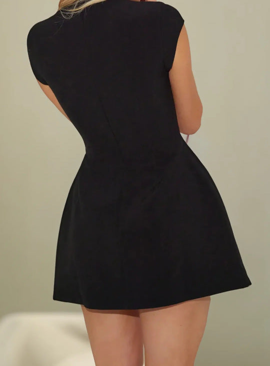 Classic Mock Neck Cap Sleeve A-line Mini Dress