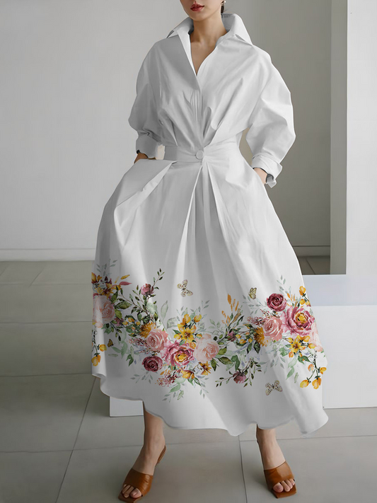 White Floral Printed Long Casual Shirt Dress