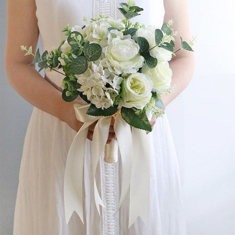 Green & White Dried & Artificial Bridal Bouquet