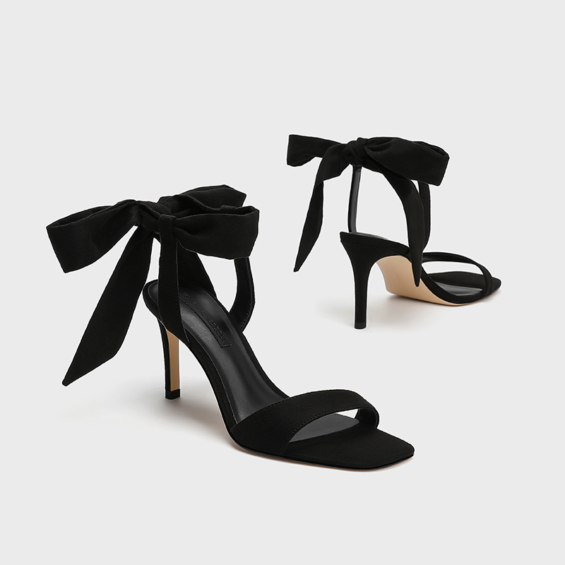 Black Bow Detail Open Toe Heels