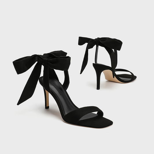 Black Bow Detail Open Toe Heels