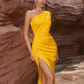 Oblique Shoulder Matte Satin Mother Of The Bride Dress With High Slit