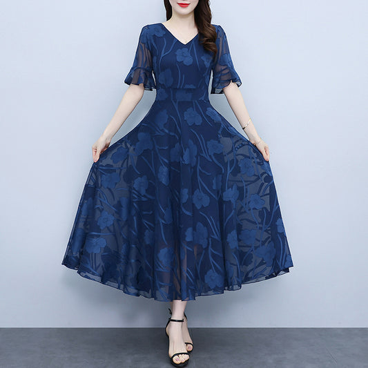 Women's V Neck Bell Sleeve Elegant Wedding Guest Floral Dress