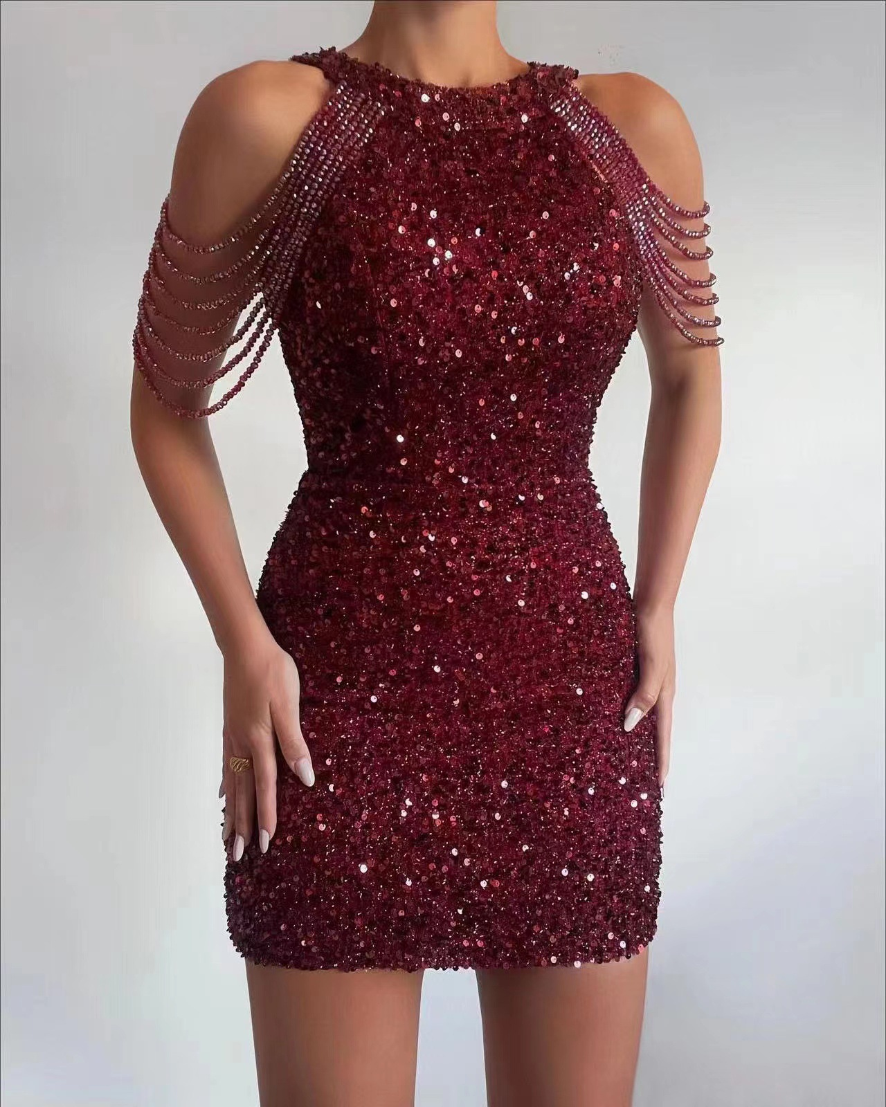 Column Sleeveless Short Sequined Prom Dress