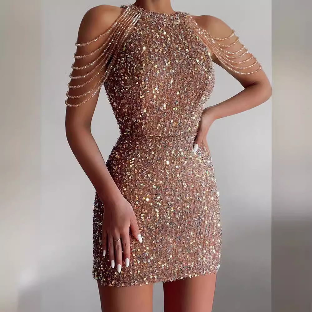 Column Sleeveless Short Sequined Prom Dress