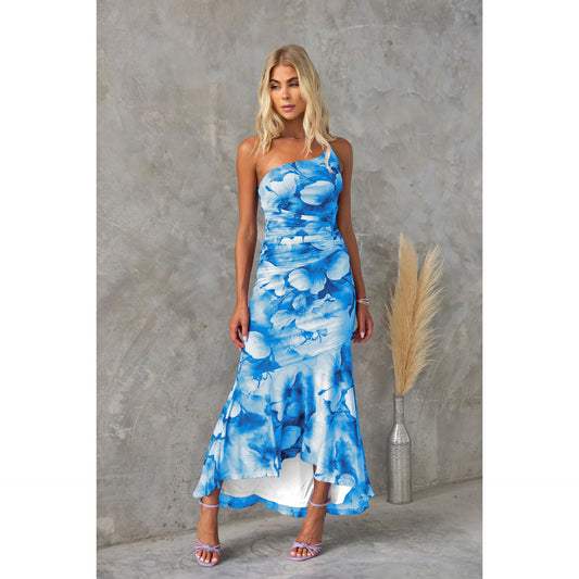 Deja Mesh Floral Print One Shoulder Ruched Stretch Maxi Dress