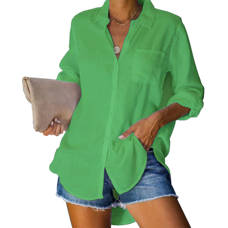 Basic Collar Pocket Holiday Solid Cotton Blouse Shirt