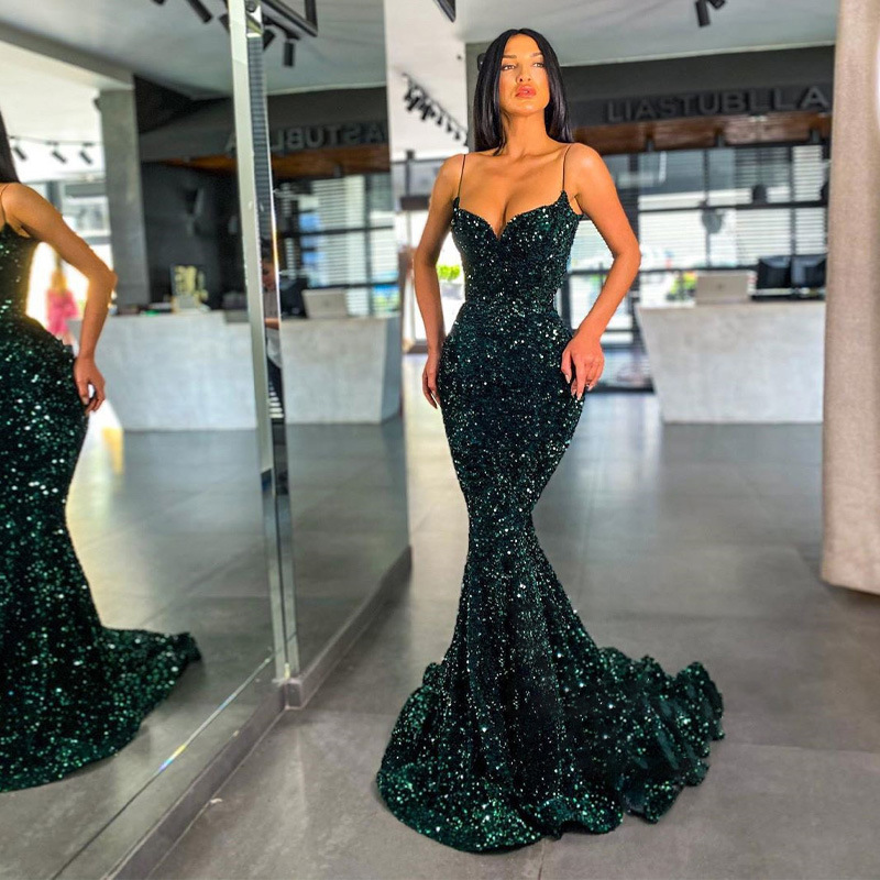 Sequin Spaghetti Strap Long Mermaid Evening Dress