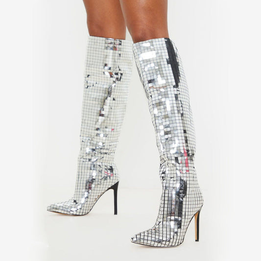 Women's Mirror Disco Ball Knee High Bright Leather Heeled Prom Party Boots