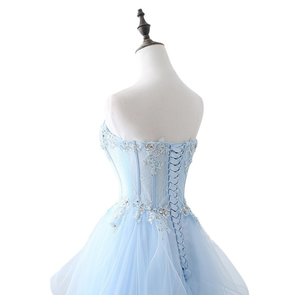 Princess Sweetheart Lace Tulle Sweep Train Appliques Lace Prom Dress