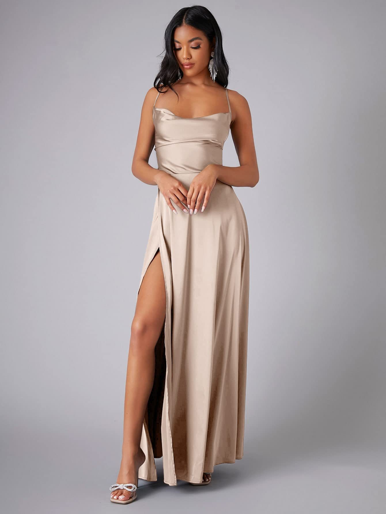 Crew Neck Sleeveless Satin Prom Dress