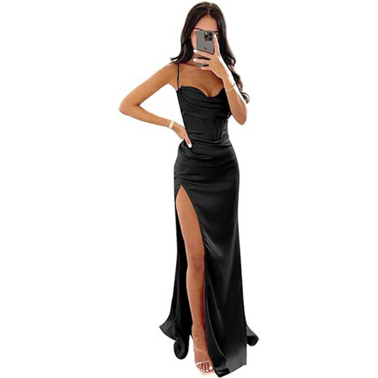 Spaghetti Straps Satin Mermaid Prom Dress with Slit