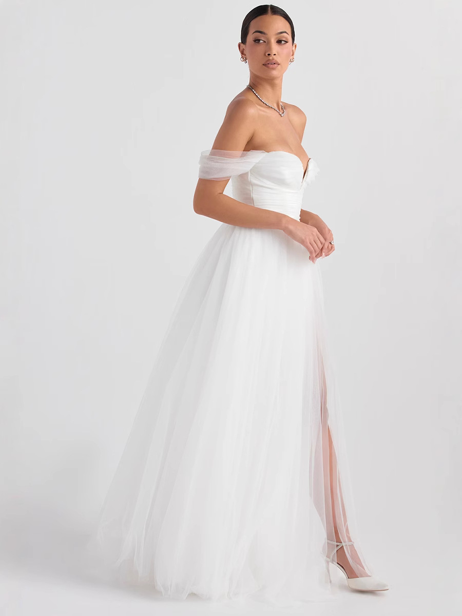 Simple White Off-Shoulder V Neck Wedding Dress