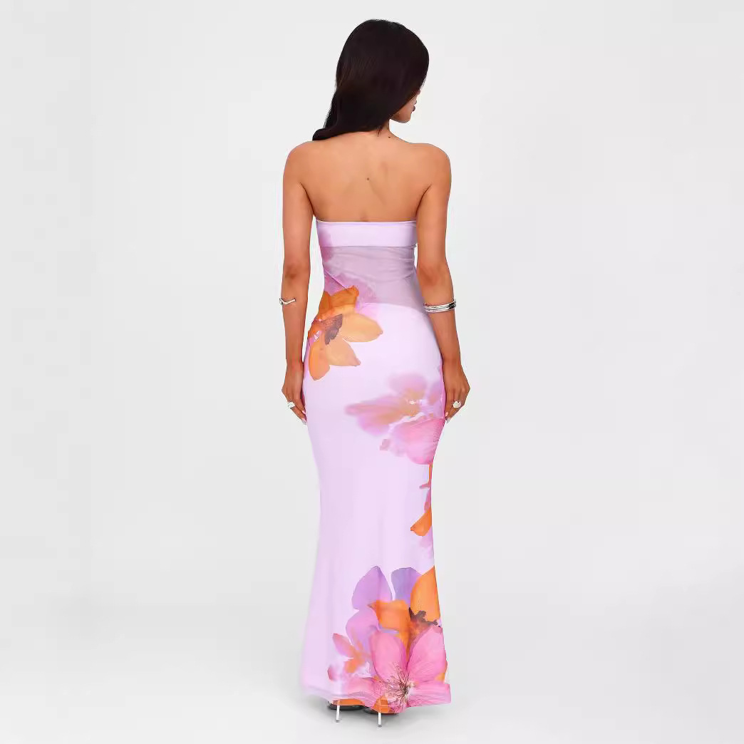 Pink Strapless Sleeveless Floral Print Maxi Dress