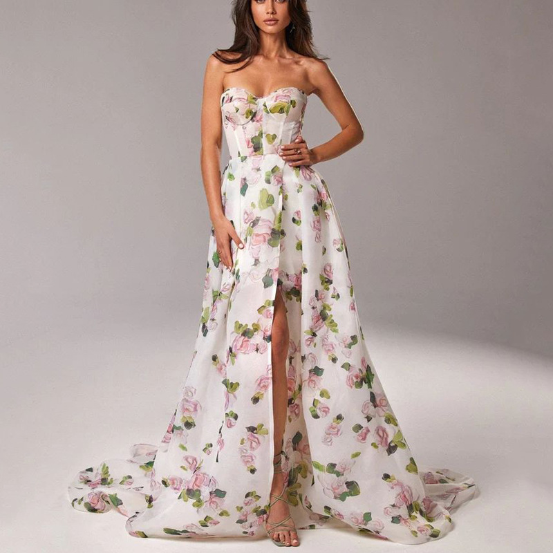 White Floral Printed Sweetheart Tulle Prom Dress