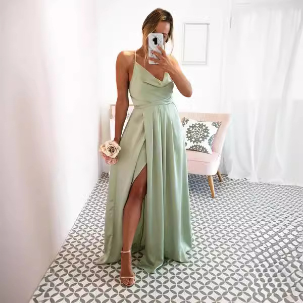 Satin Spaghetti Strap Sleeveless Prom Dress