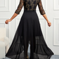 Black Lace V Neck Long Sleeves Midi Dress