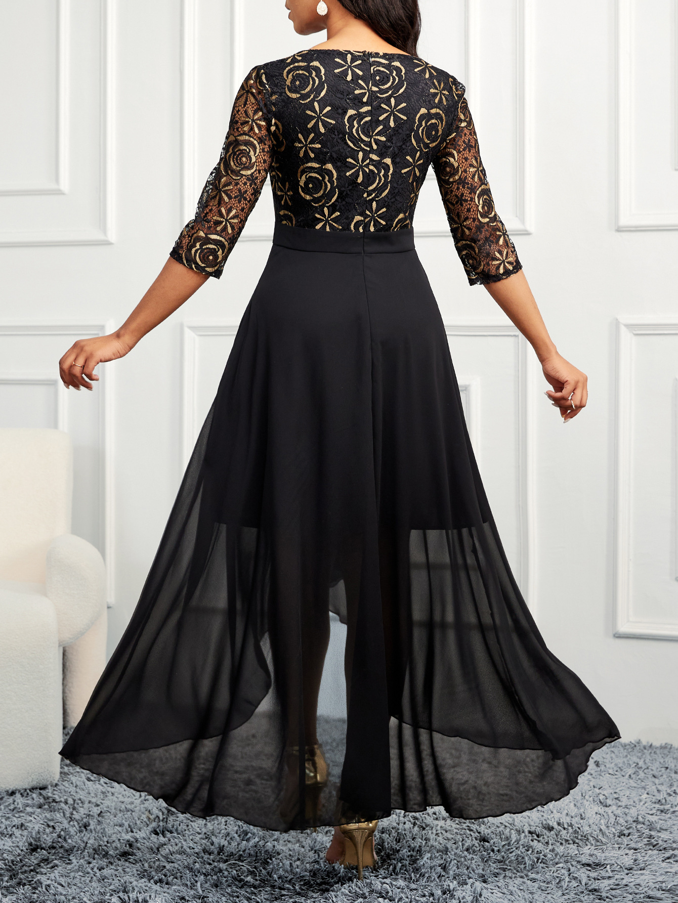 Black Lace V Neck Long Sleeves Midi Dress