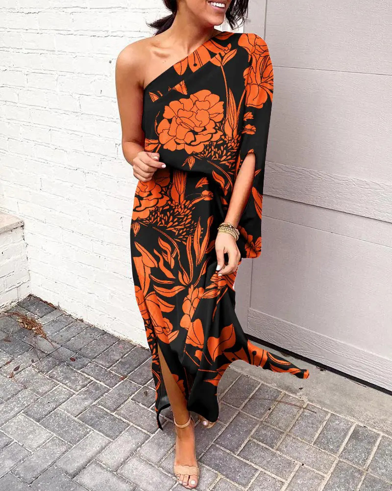 Floral Printed One Shoulder Split Hem Maxi Dress